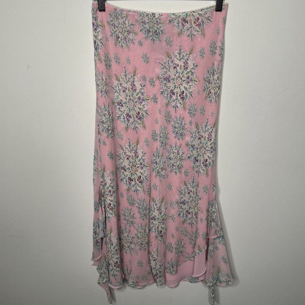 Vintage 90s Y2K Silk Skirt whimsical goth coquette fairy Ditzy Pink Floral Slit